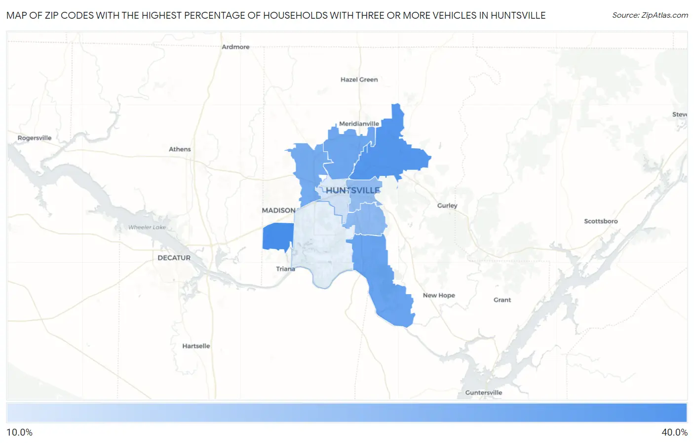Zip Codes with the Highest Percentage of Households With Three or more Vehicles in Huntsville Map