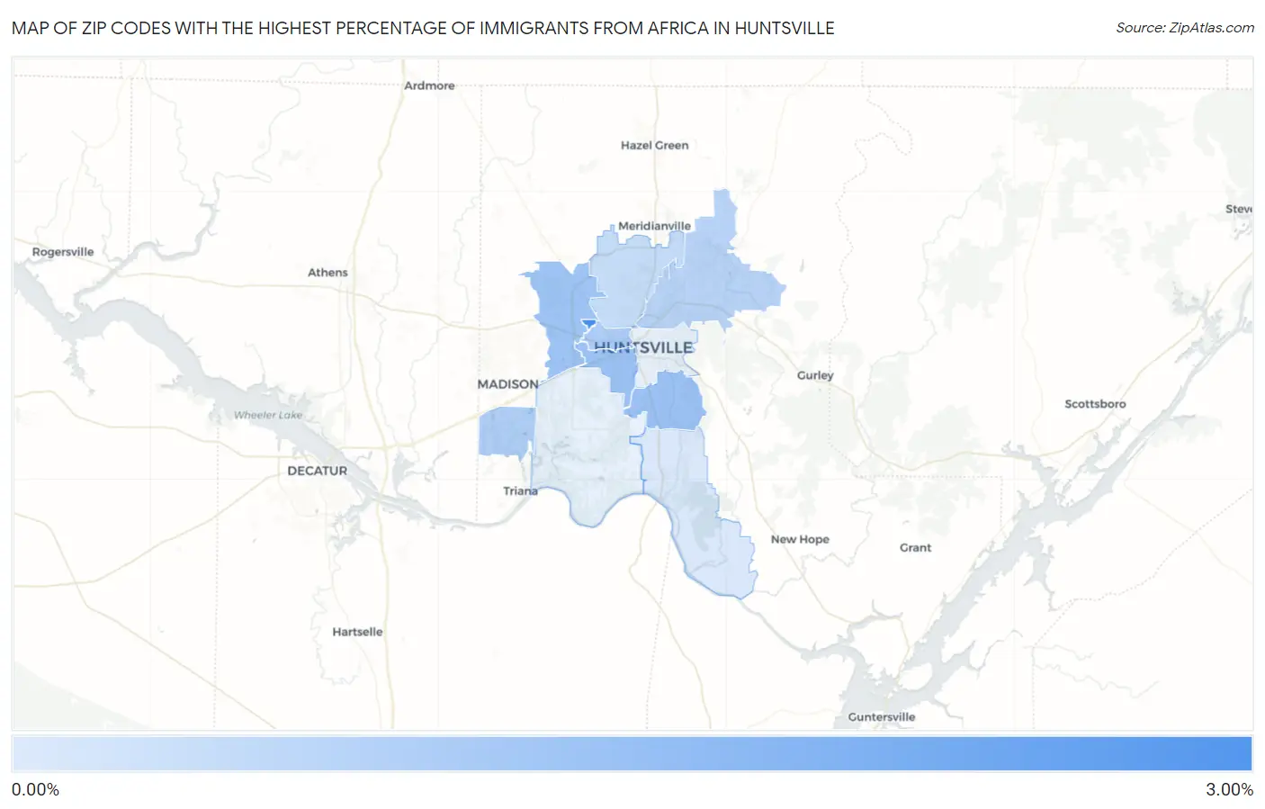 Zip Codes with the Highest Percentage of Immigrants from Africa in Huntsville Map