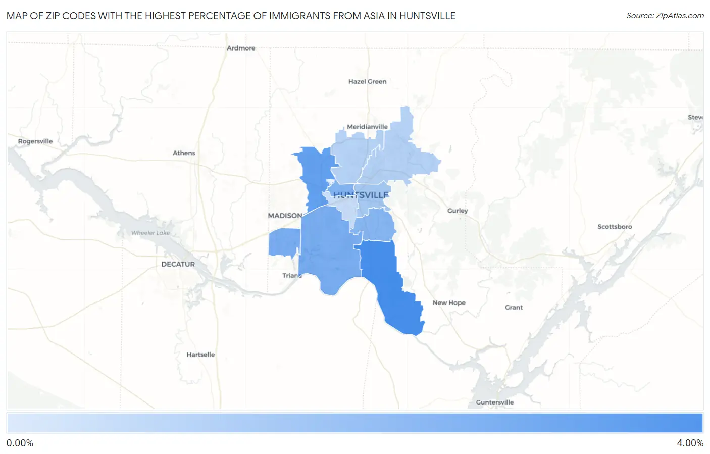 Zip Codes with the Highest Percentage of Immigrants from Asia in Huntsville Map