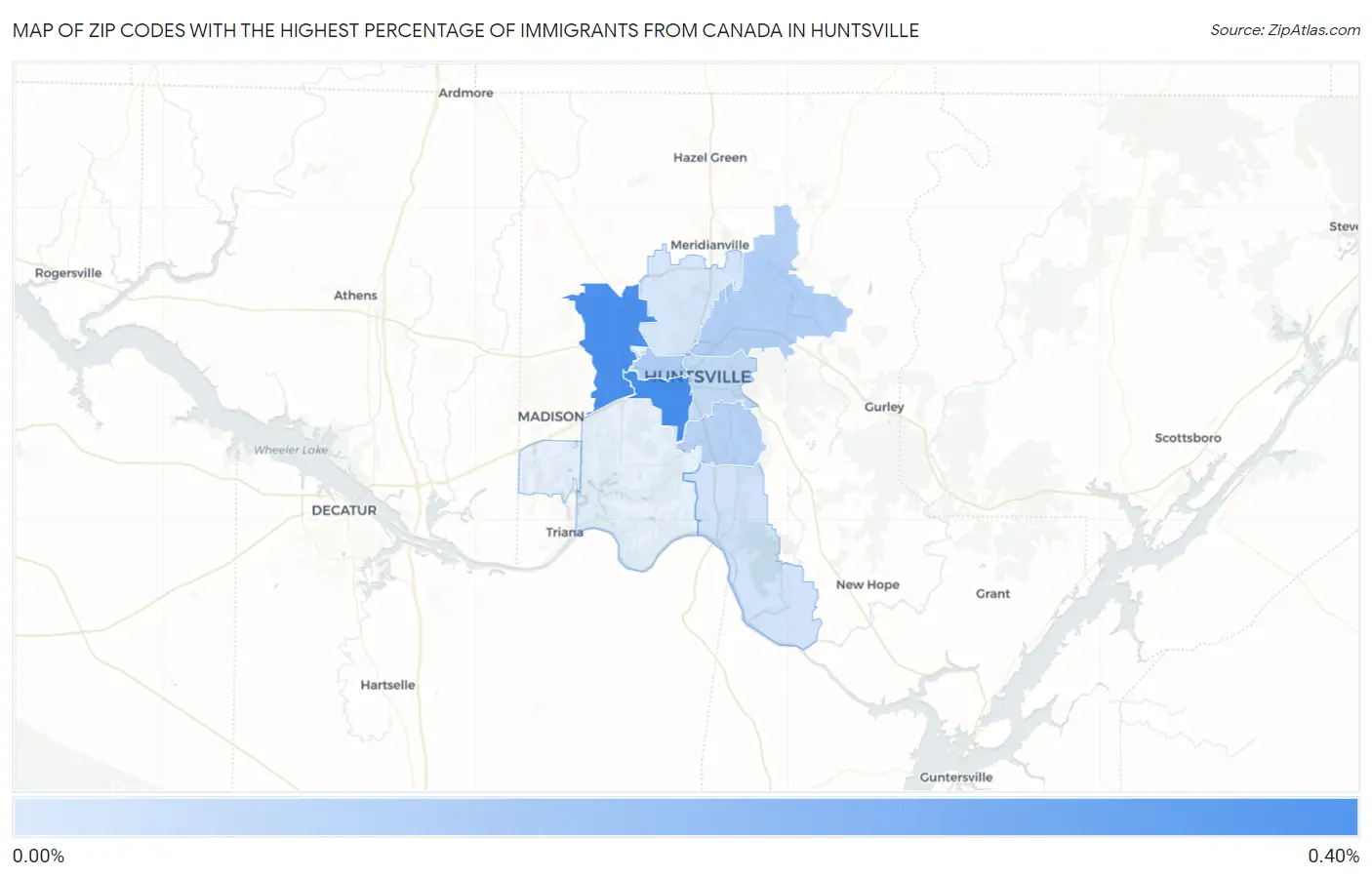 Zip Codes with the Highest Percentage of Immigrants from Canada in Huntsville Map
