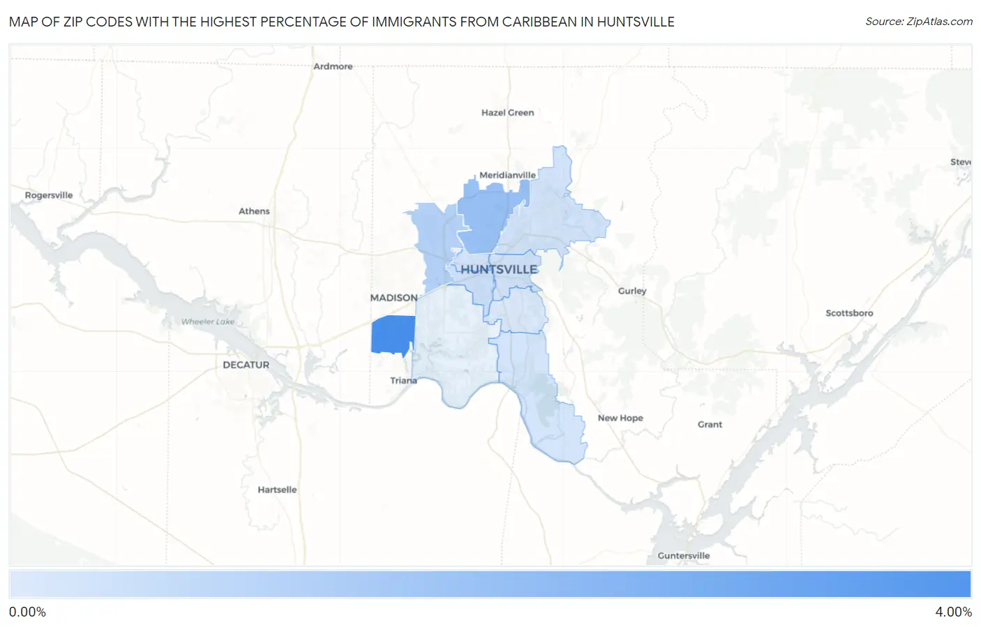 Zip Codes with the Highest Percentage of Immigrants from Caribbean in Huntsville Map