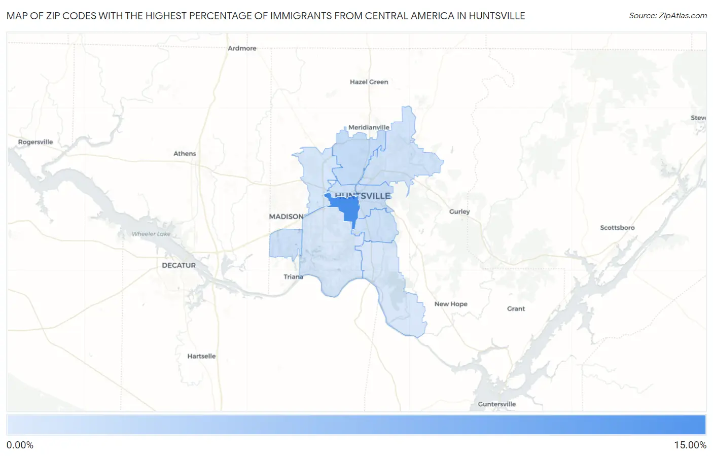 Zip Codes with the Highest Percentage of Immigrants from Central America in Huntsville Map