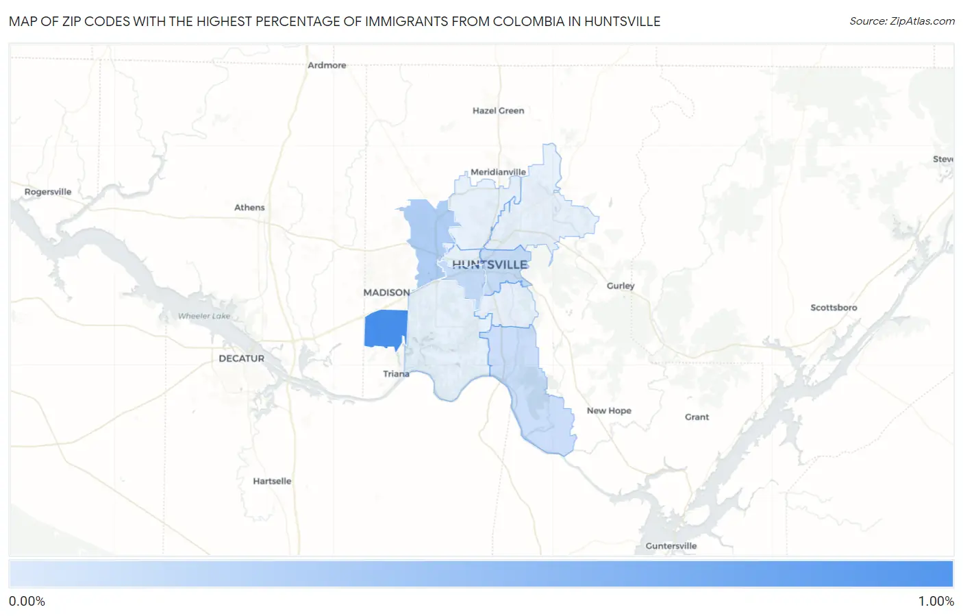 Zip Codes with the Highest Percentage of Immigrants from Colombia in Huntsville Map
