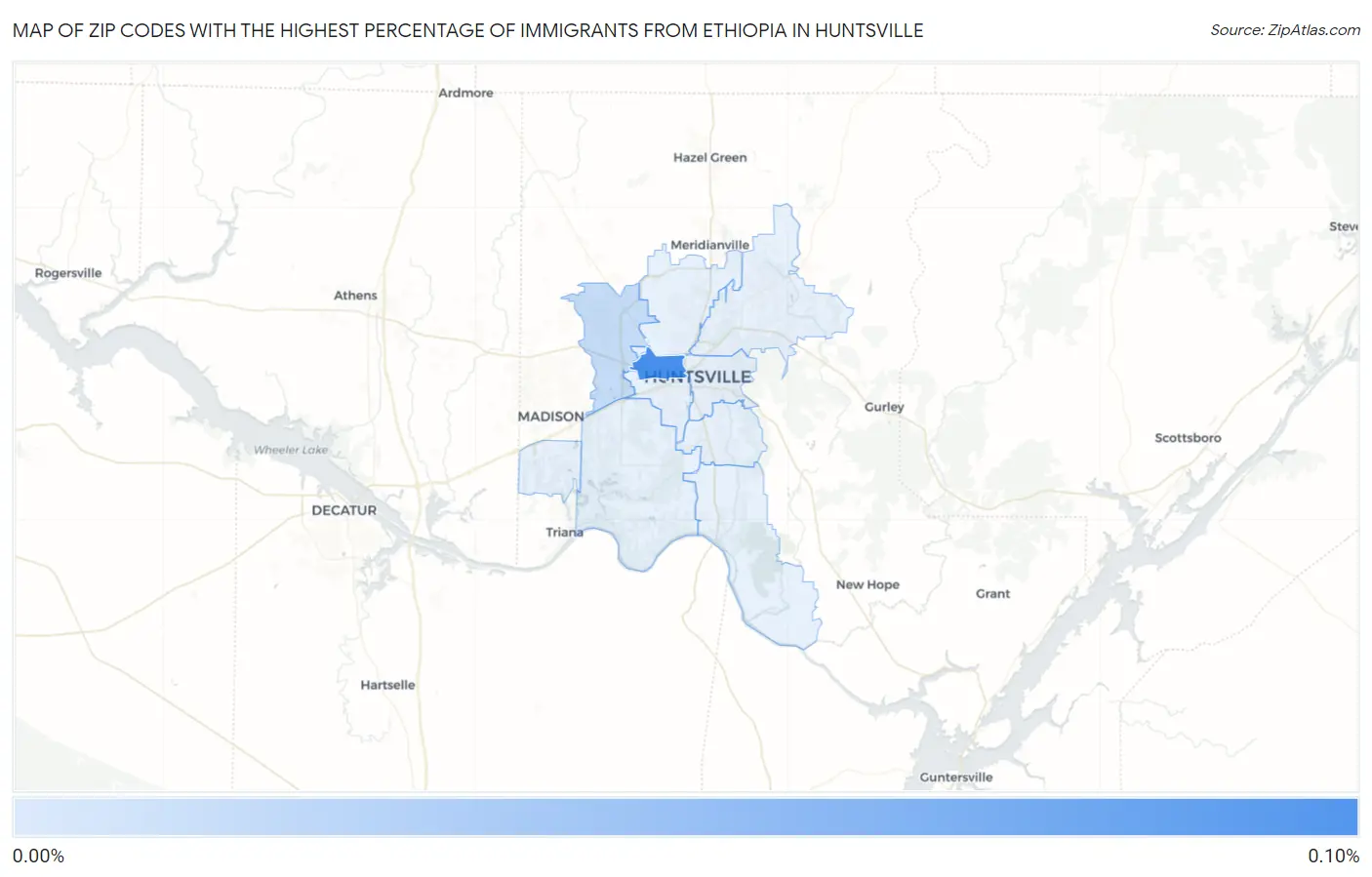 Zip Codes with the Highest Percentage of Immigrants from Ethiopia in Huntsville Map