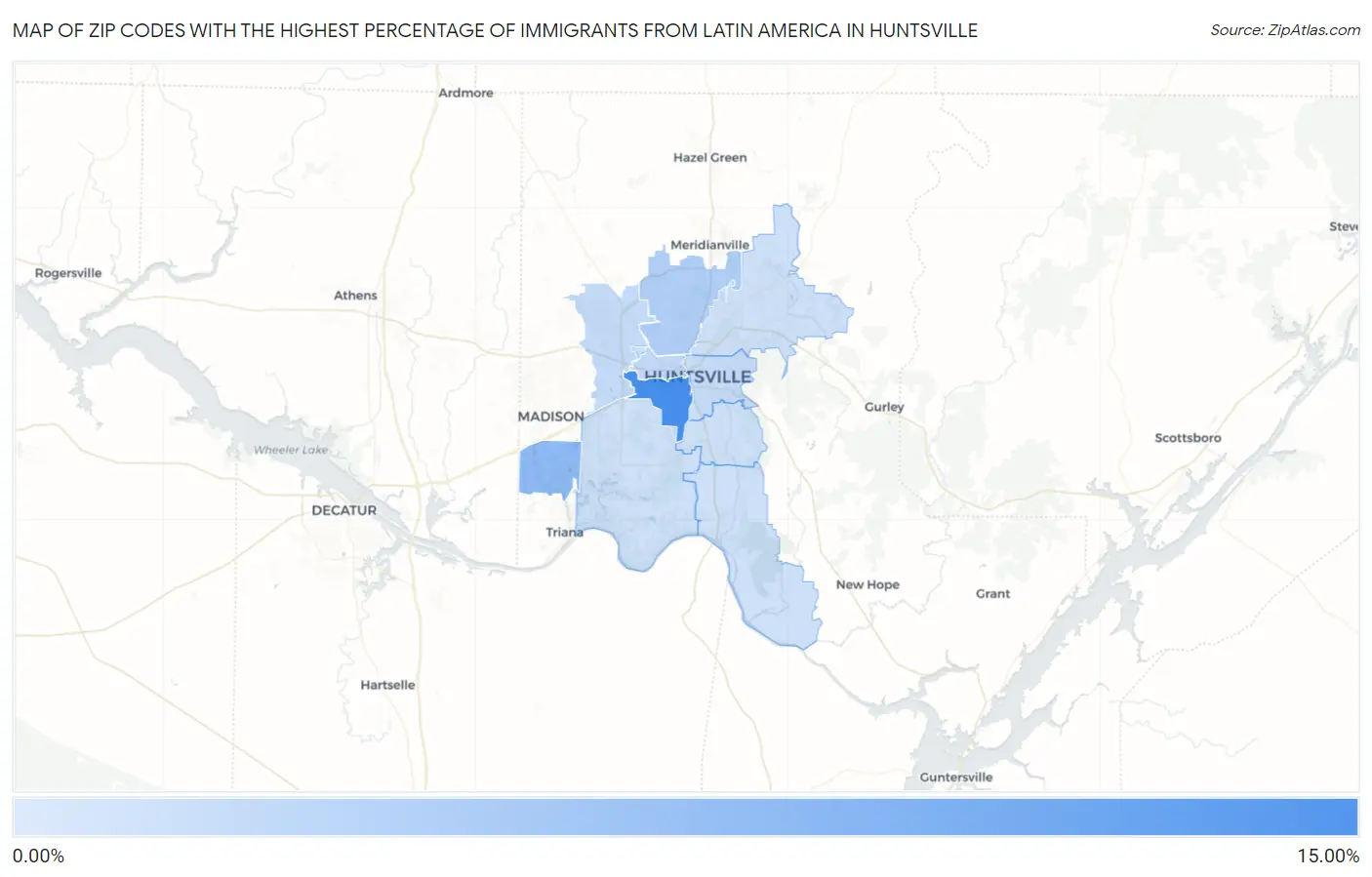Zip Codes with the Highest Percentage of Immigrants from Latin America in Huntsville Map