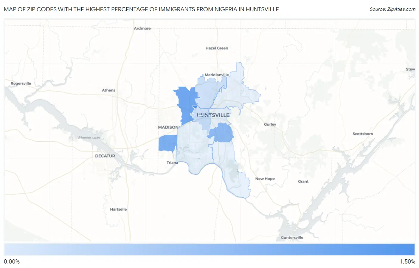 Zip Codes with the Highest Percentage of Immigrants from Nigeria in Huntsville Map