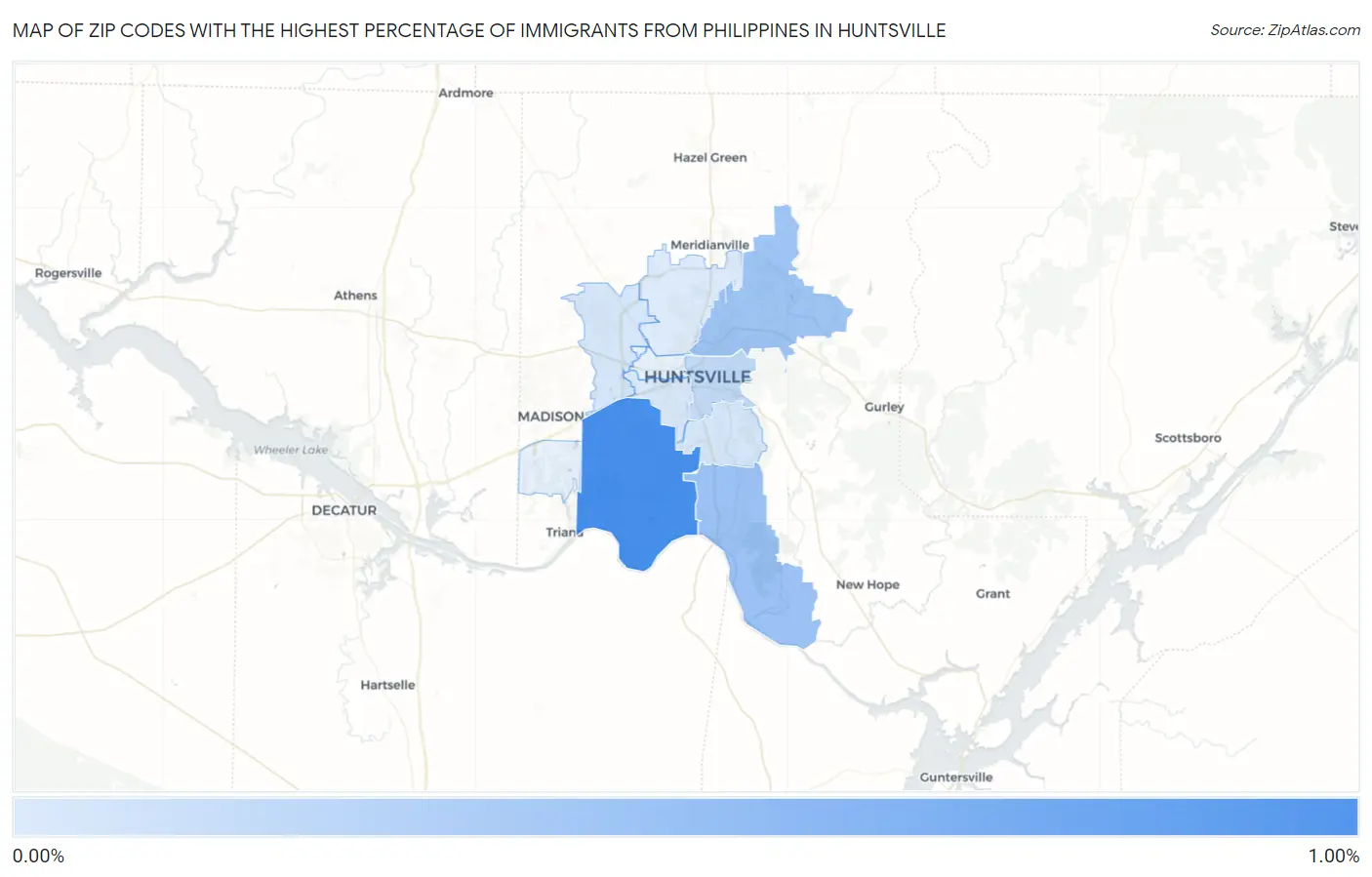 Zip Codes with the Highest Percentage of Immigrants from Philippines in Huntsville Map