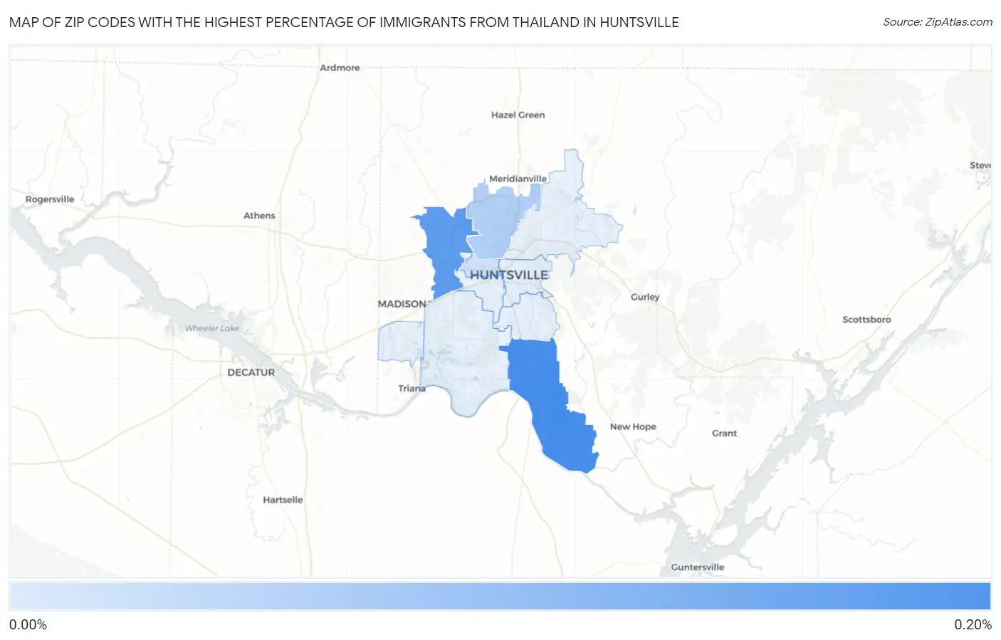 Zip Codes with the Highest Percentage of Immigrants from Thailand in Huntsville Map
