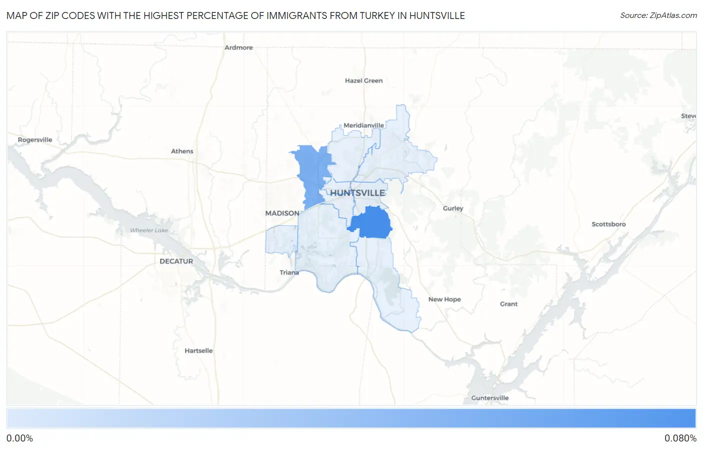 Zip Codes with the Highest Percentage of Immigrants from Turkey in Huntsville Map