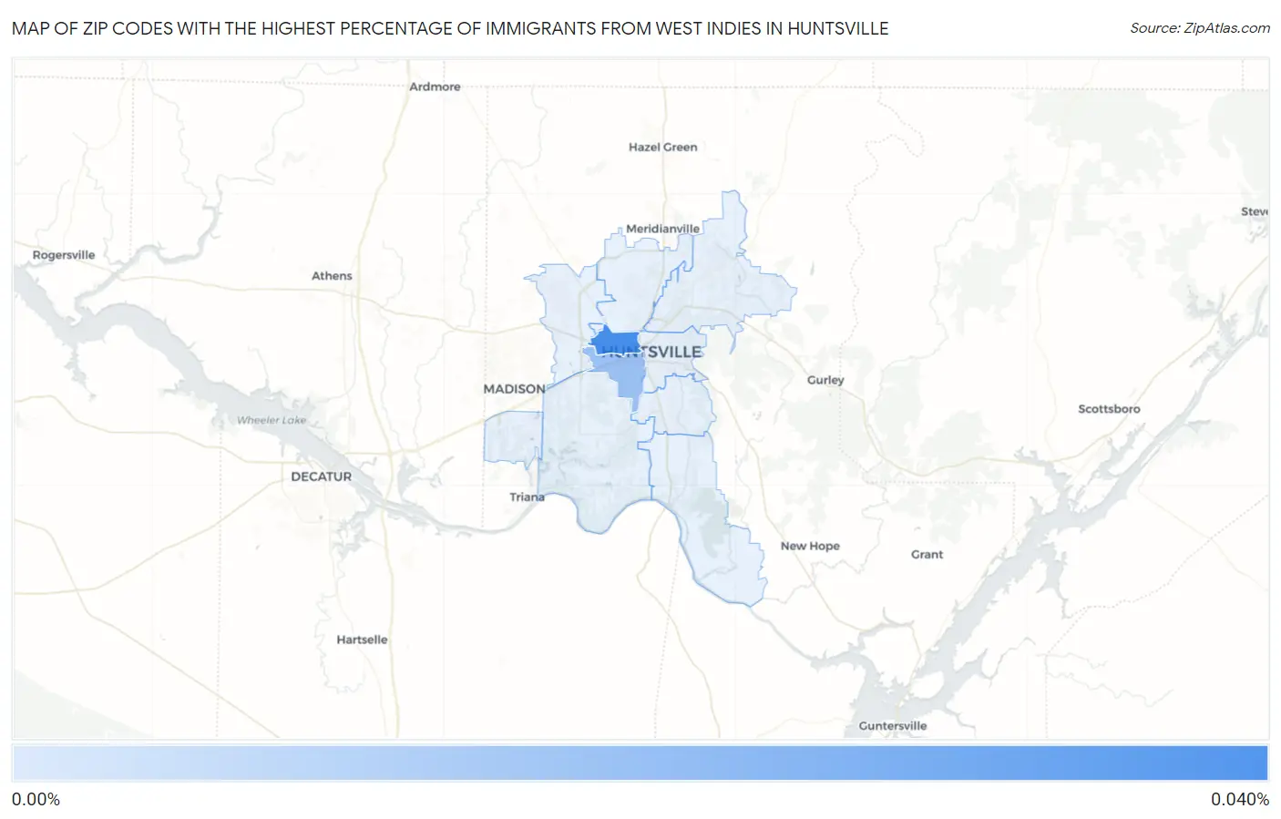 Zip Codes with the Highest Percentage of Immigrants from West Indies in Huntsville Map