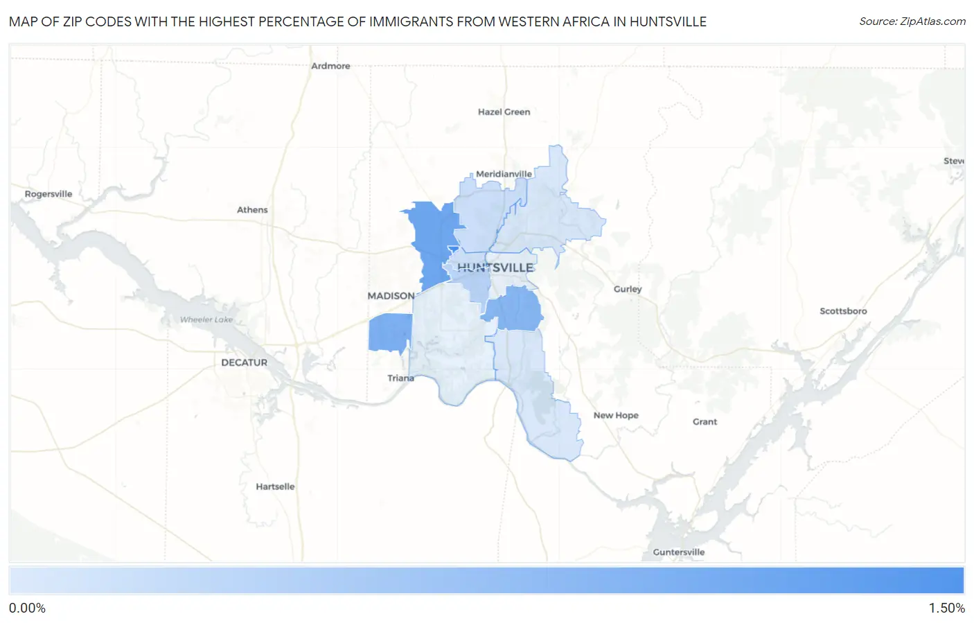 Zip Codes with the Highest Percentage of Immigrants from Western Africa in Huntsville Map