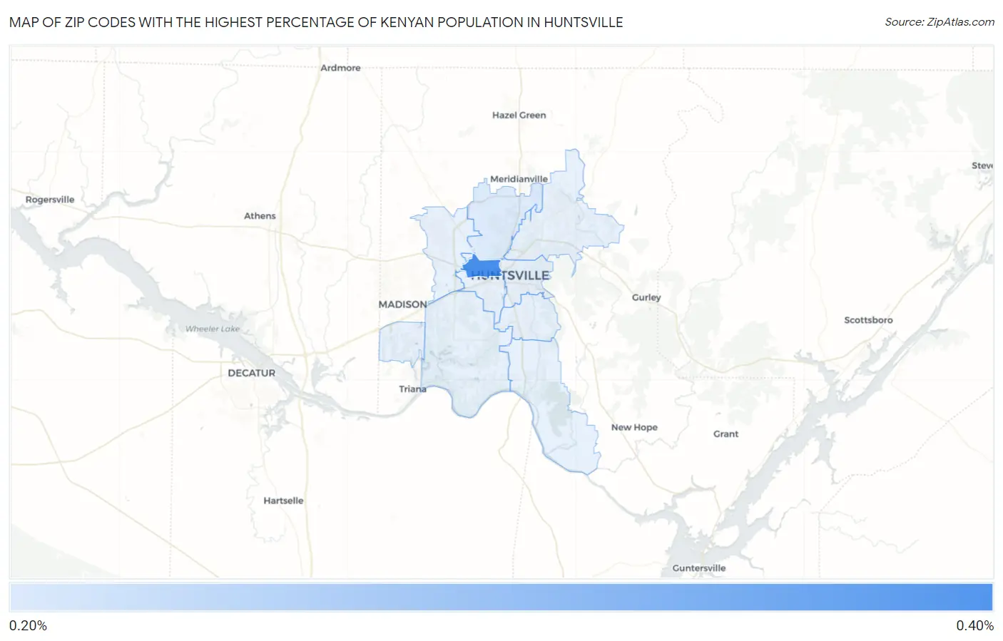 Zip Codes with the Highest Percentage of Kenyan Population in Huntsville Map