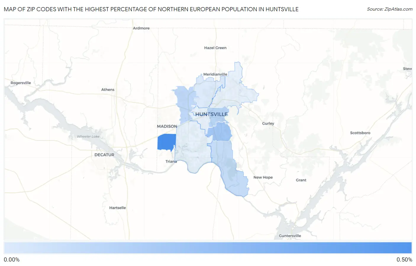 Zip Codes with the Highest Percentage of Northern European Population in Huntsville Map