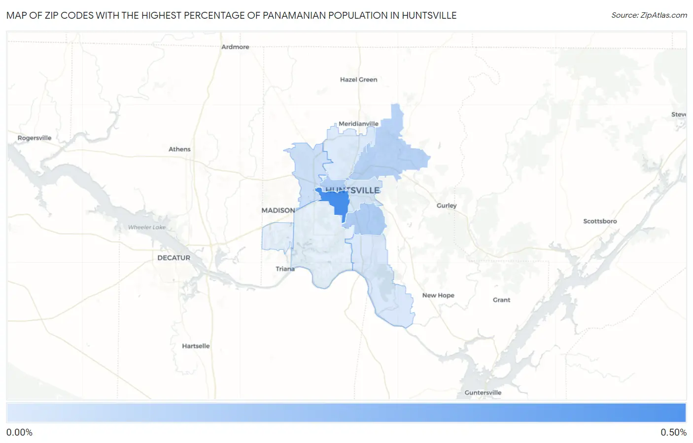 Zip Codes with the Highest Percentage of Panamanian Population in Huntsville Map