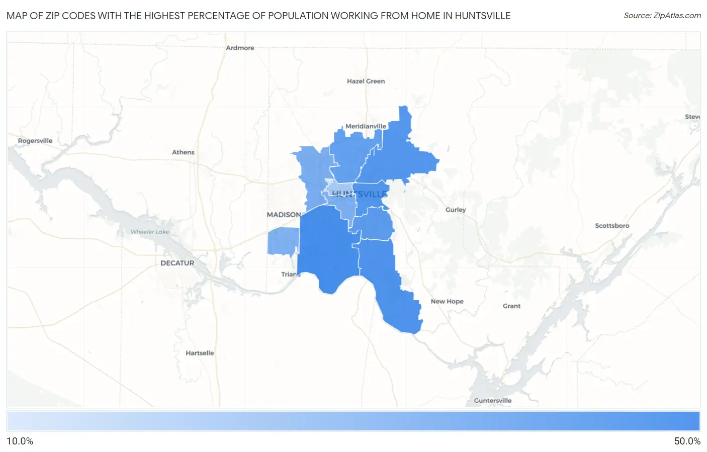 Zip Codes with the Highest Percentage of Population Working from Home in Huntsville Map