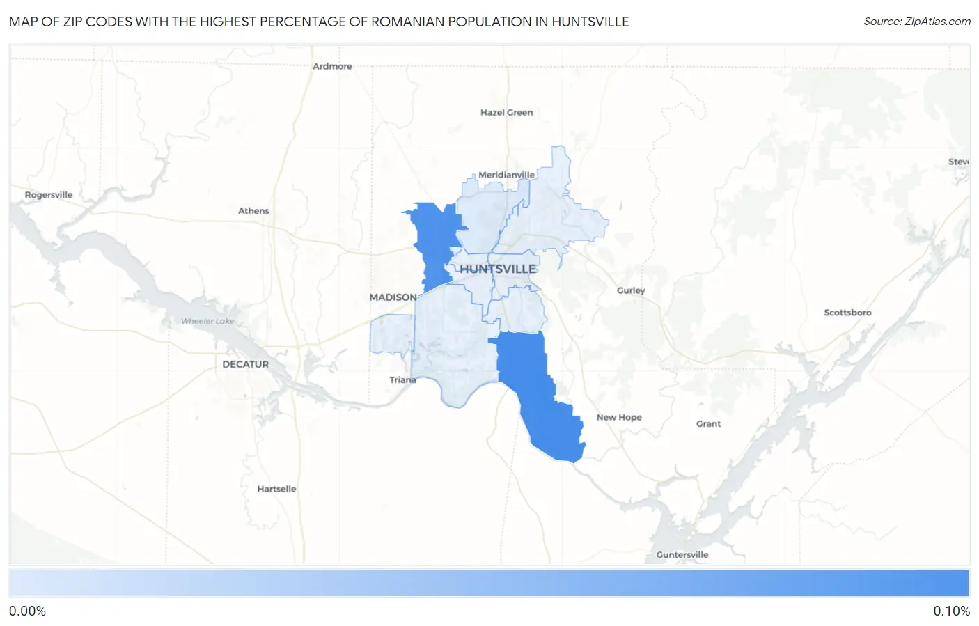 Zip Codes with the Highest Percentage of Romanian Population in Huntsville Map