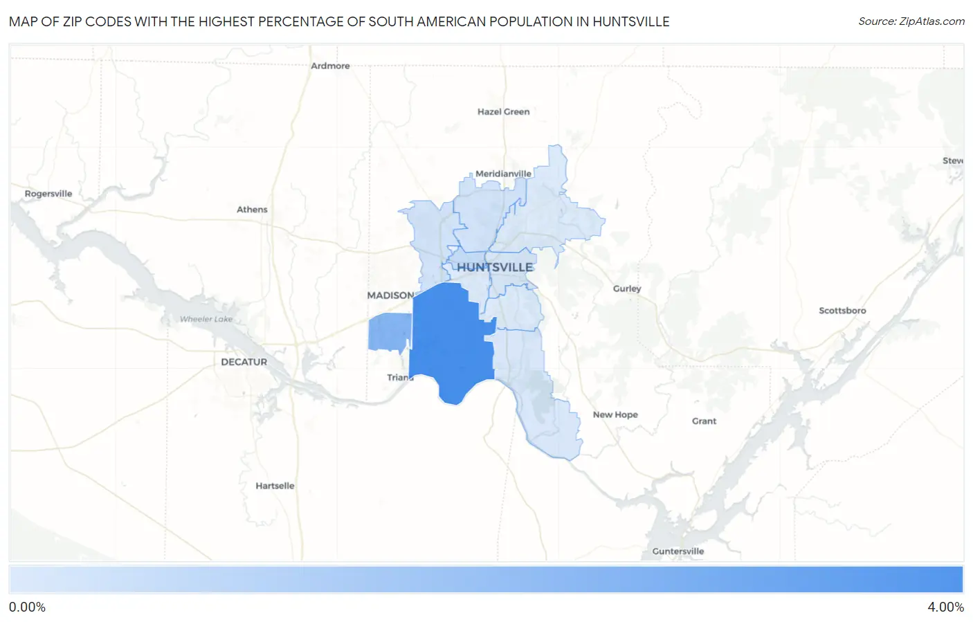 Zip Codes with the Highest Percentage of South American Population in Huntsville Map