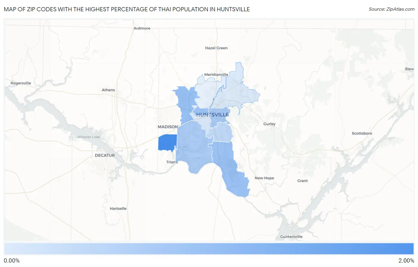 Zip Codes with the Highest Percentage of Thai Population in Huntsville Map
