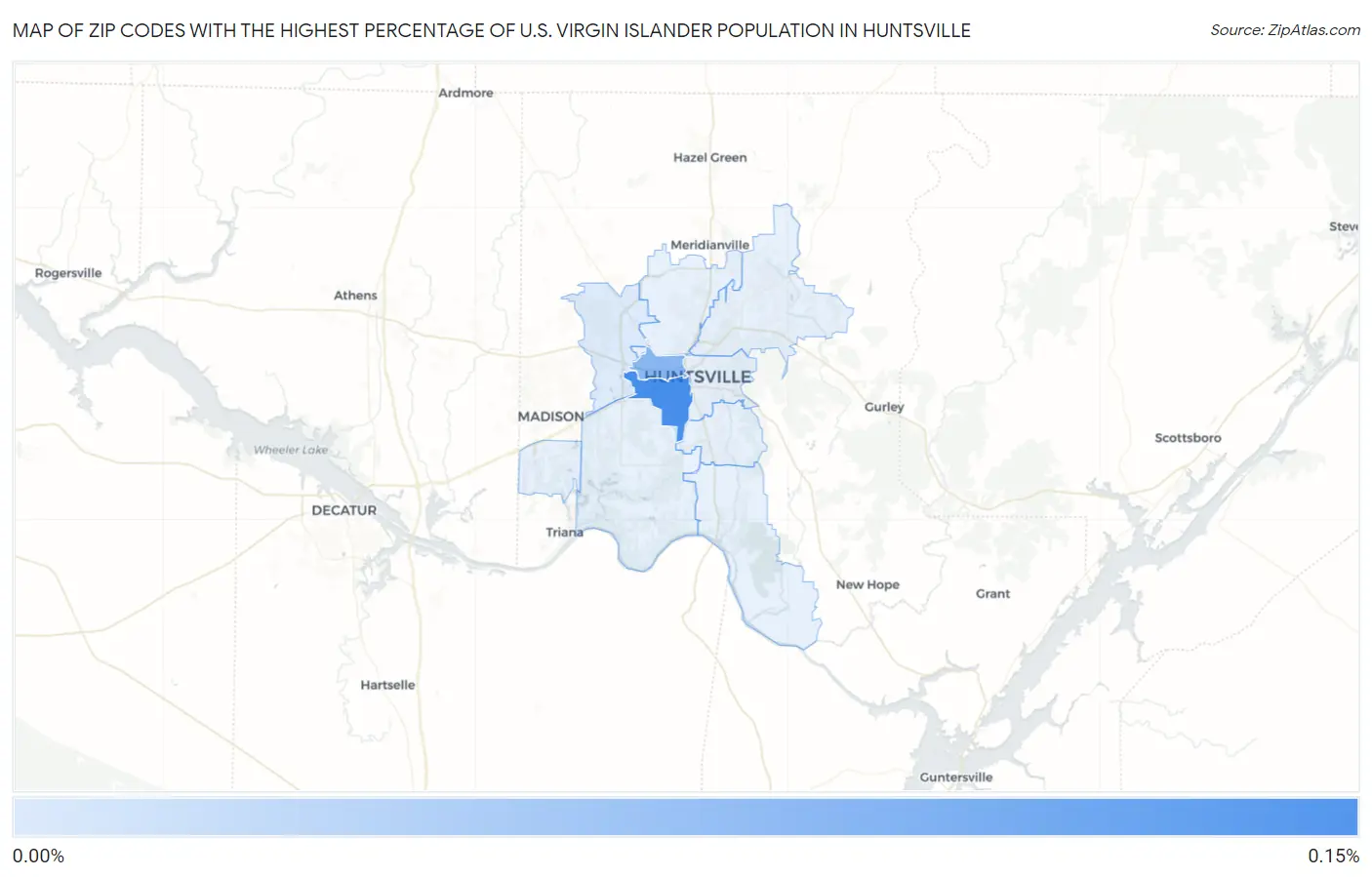Zip Codes with the Highest Percentage of U.S. Virgin Islander Population in Huntsville Map