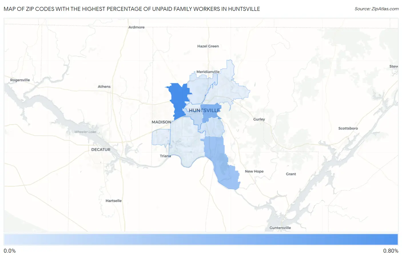 Zip Codes with the Highest Percentage of Unpaid Family Workers in Huntsville Map