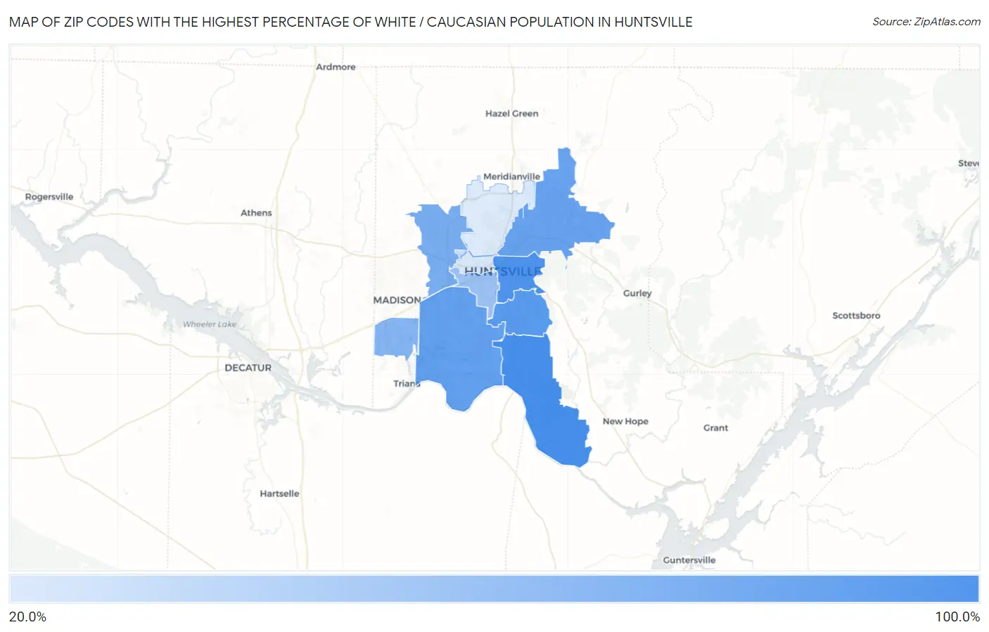 Zip Codes with the Highest Percentage of White / Caucasian Population in Huntsville Map