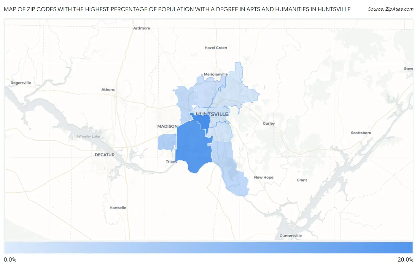 Zip Codes with the Highest Percentage of Population with a Degree in Arts and Humanities in Huntsville Map