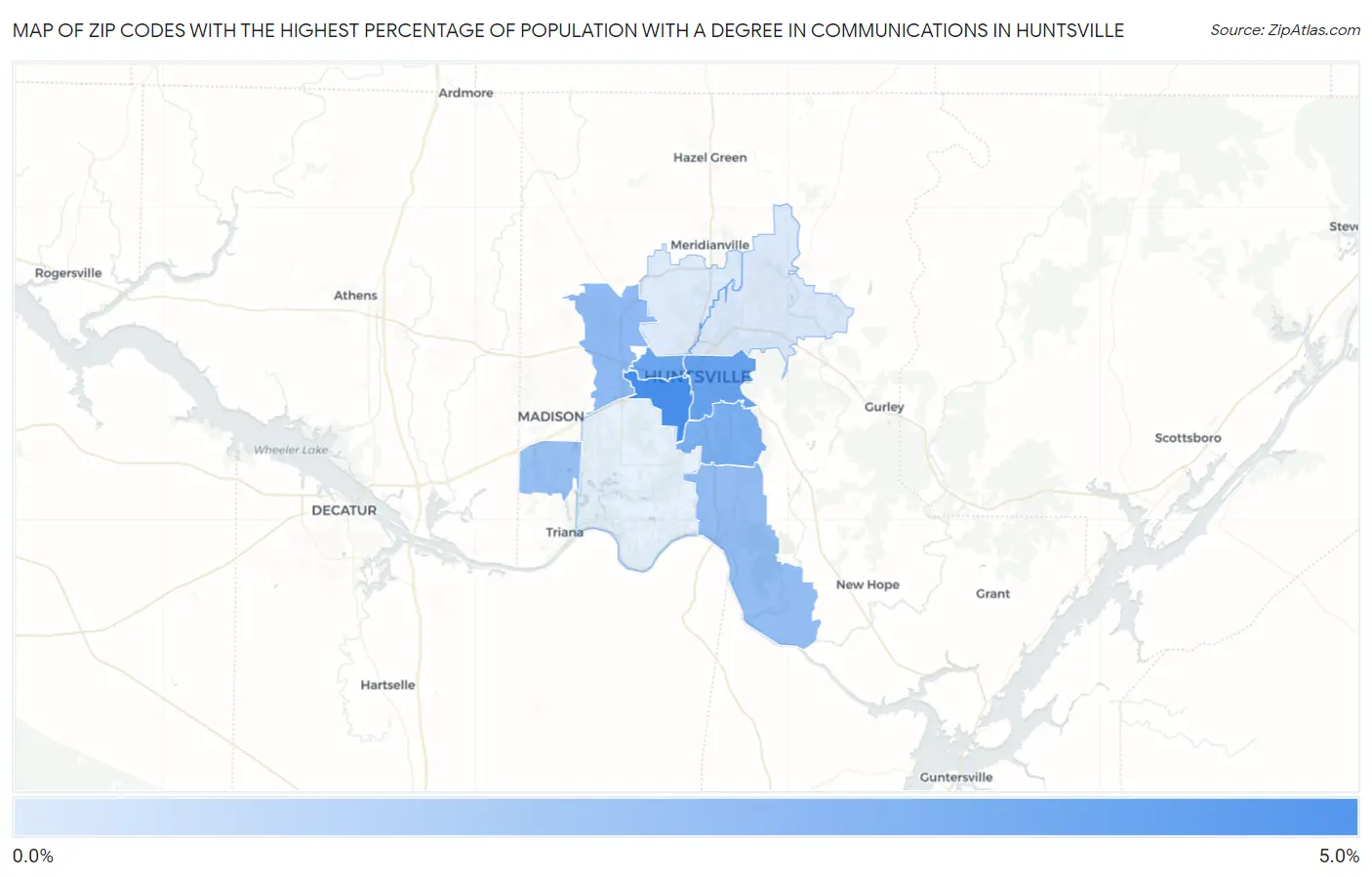 Zip Codes with the Highest Percentage of Population with a Degree in Communications in Huntsville Map