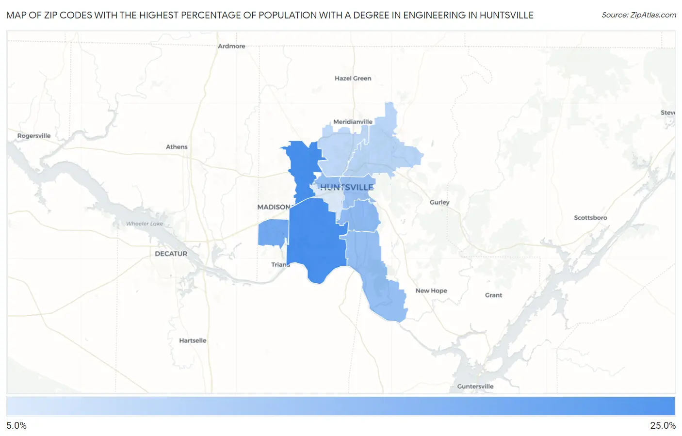 Zip Codes with the Highest Percentage of Population with a Degree in Engineering in Huntsville Map