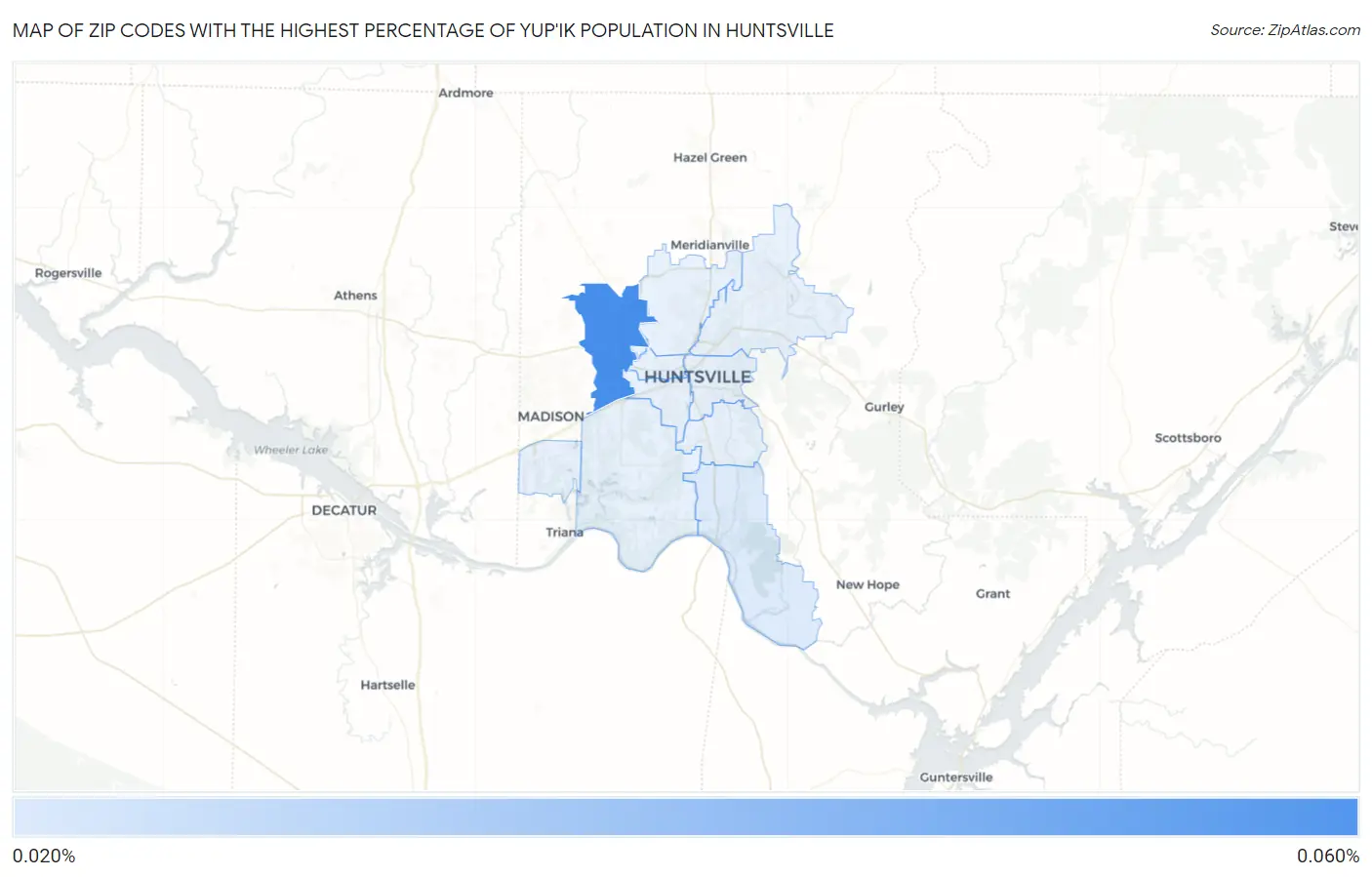 Zip Codes with the Highest Percentage of Yup'ik Population in Huntsville Map