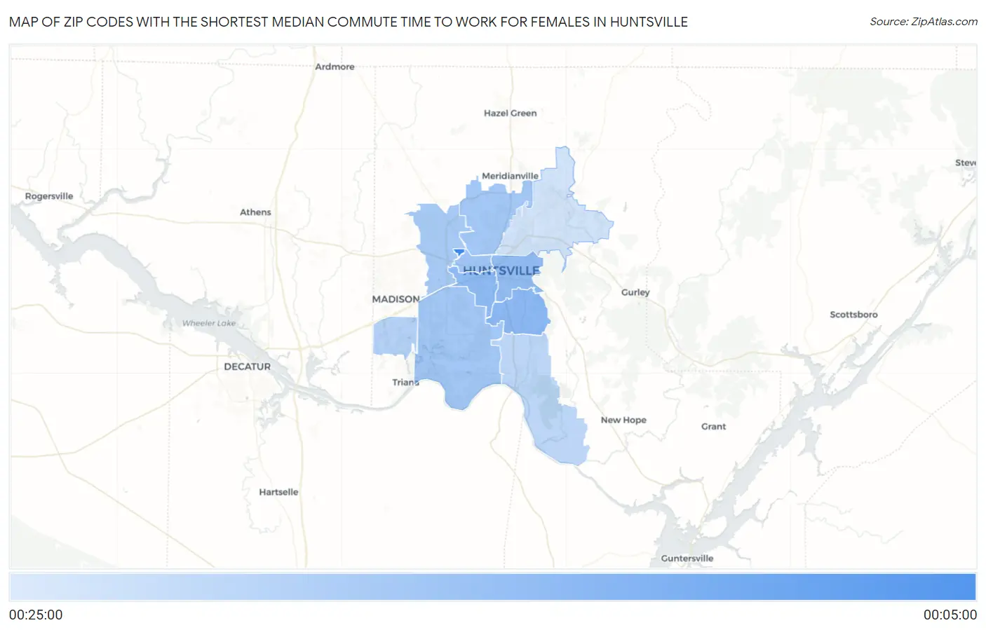 Zip Codes with the Shortest Median Commute Time to Work for Females in Huntsville Map