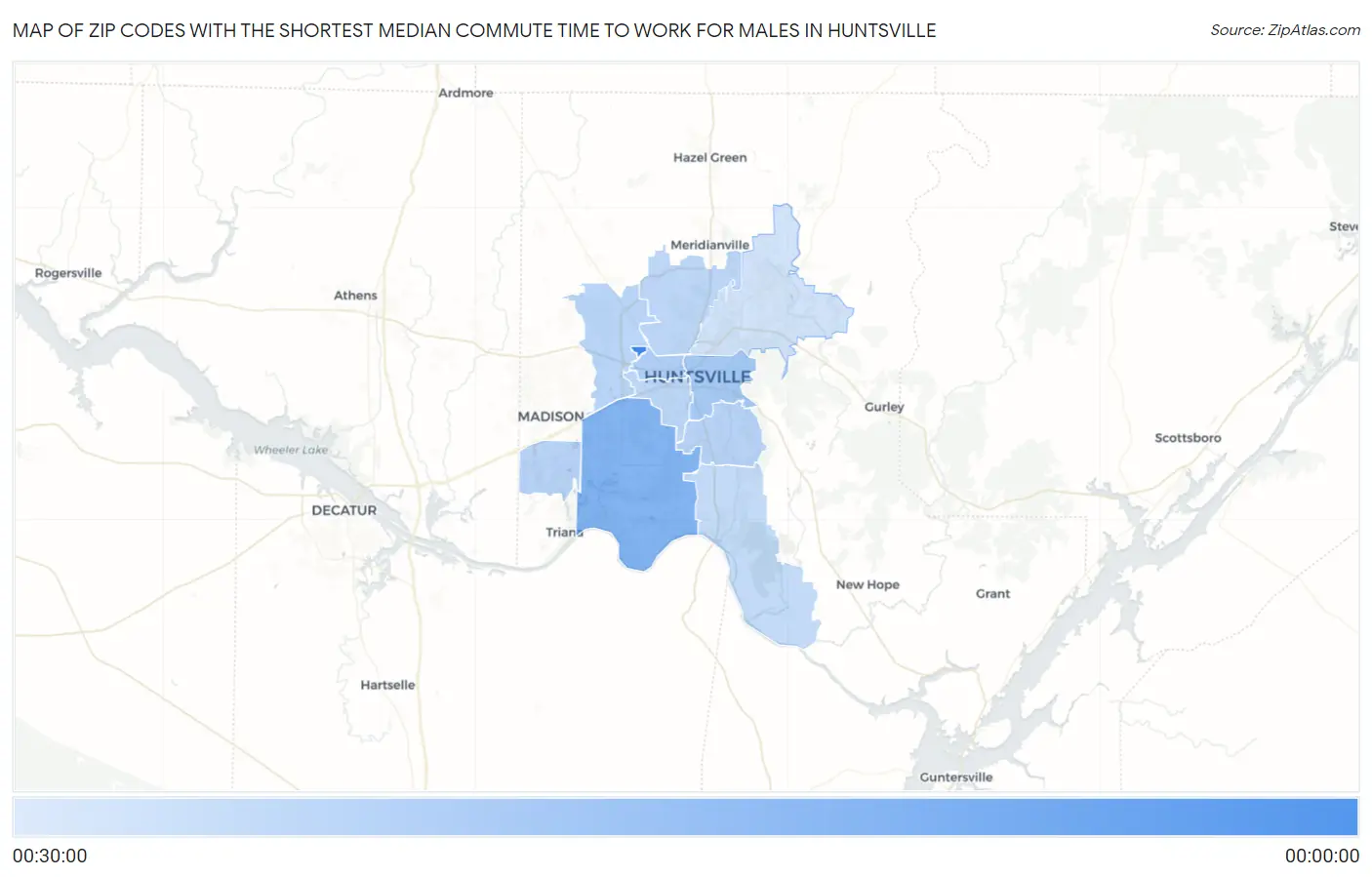 Zip Codes with the Shortest Median Commute Time to Work for Males in Huntsville Map