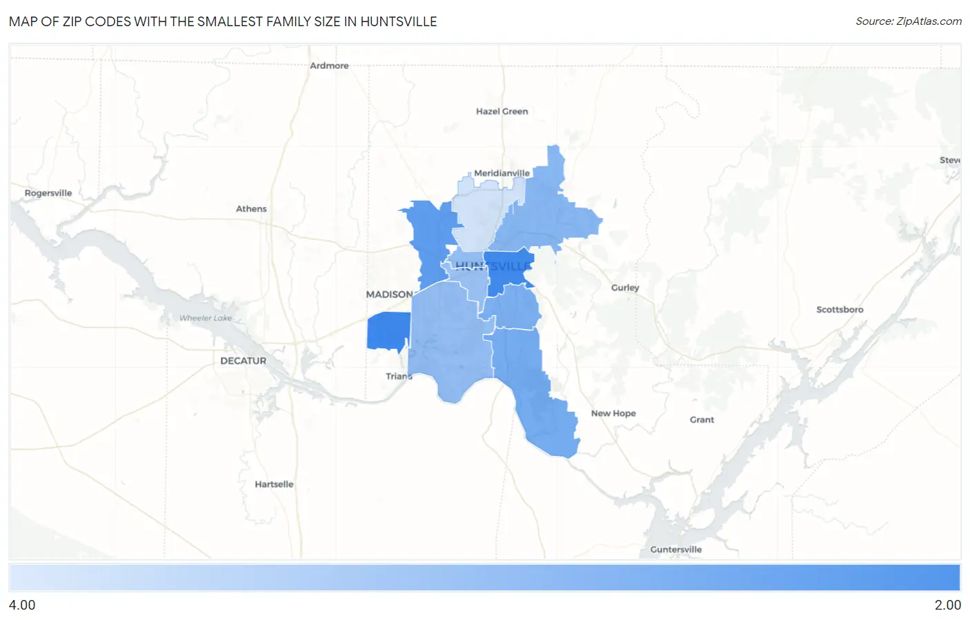 Zip Codes with the Smallest Family Size in Huntsville Map