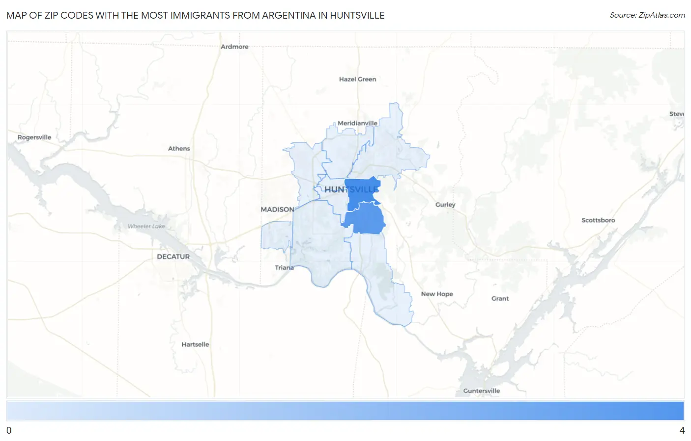 Zip Codes with the Most Immigrants from Argentina in Huntsville Map