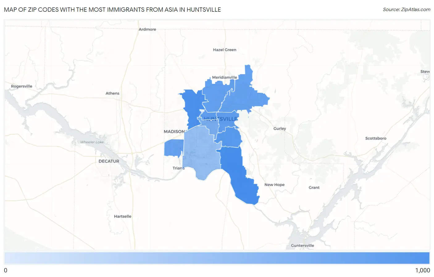 Zip Codes with the Most Immigrants from Asia in Huntsville Map