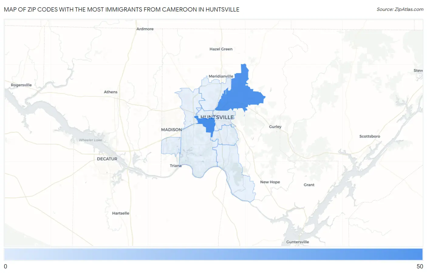 Zip Codes with the Most Immigrants from Cameroon in Huntsville Map