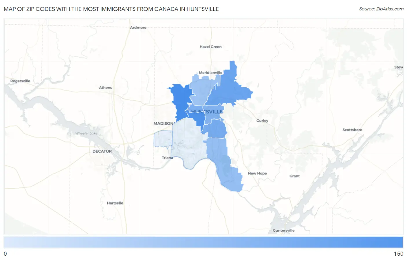 Zip Codes with the Most Immigrants from Canada in Huntsville Map