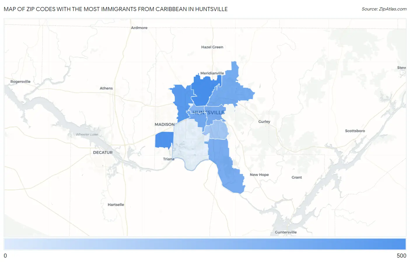 Zip Codes with the Most Immigrants from Caribbean in Huntsville Map