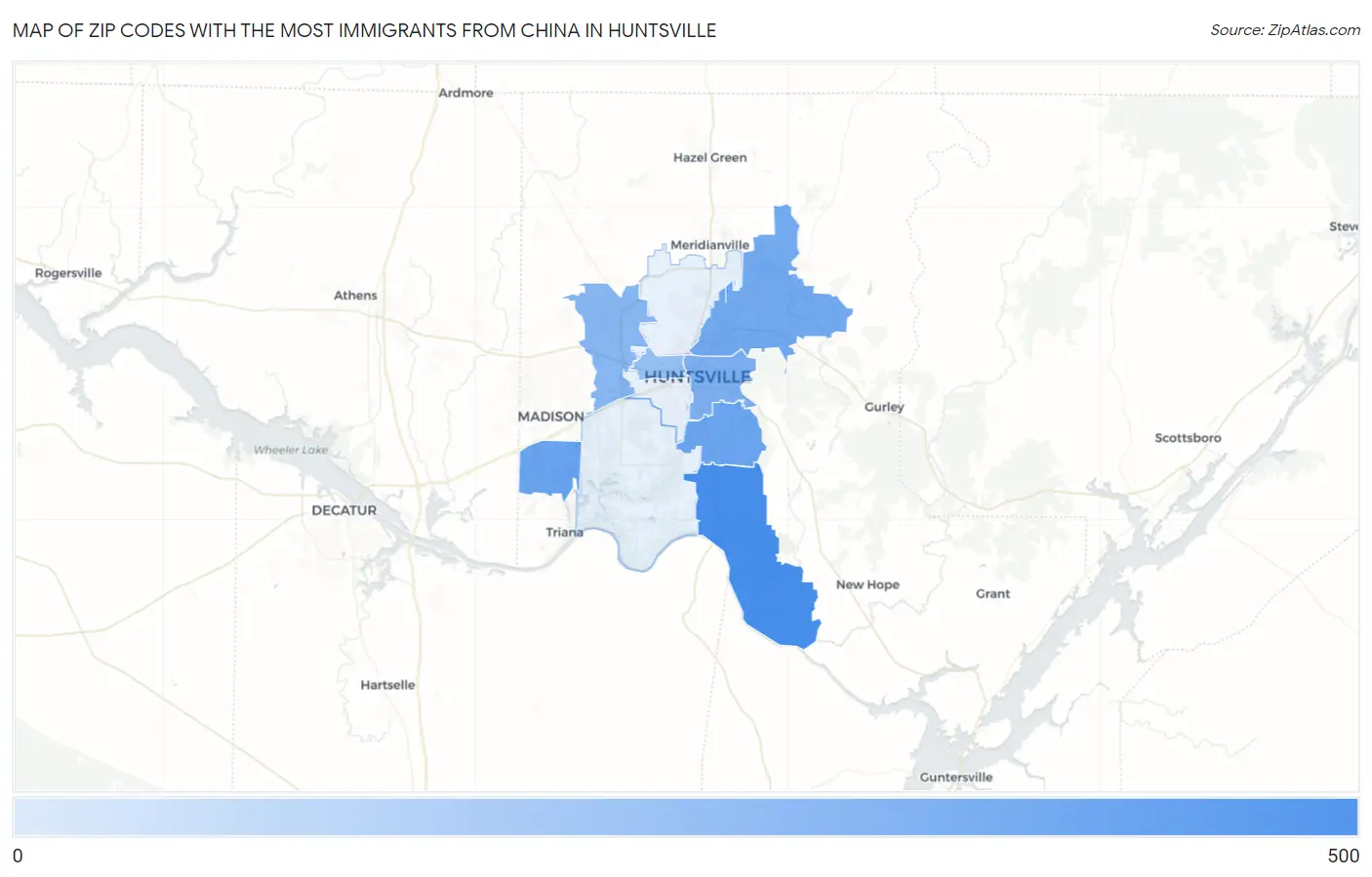 Zip Codes with the Most Immigrants from China in Huntsville Map