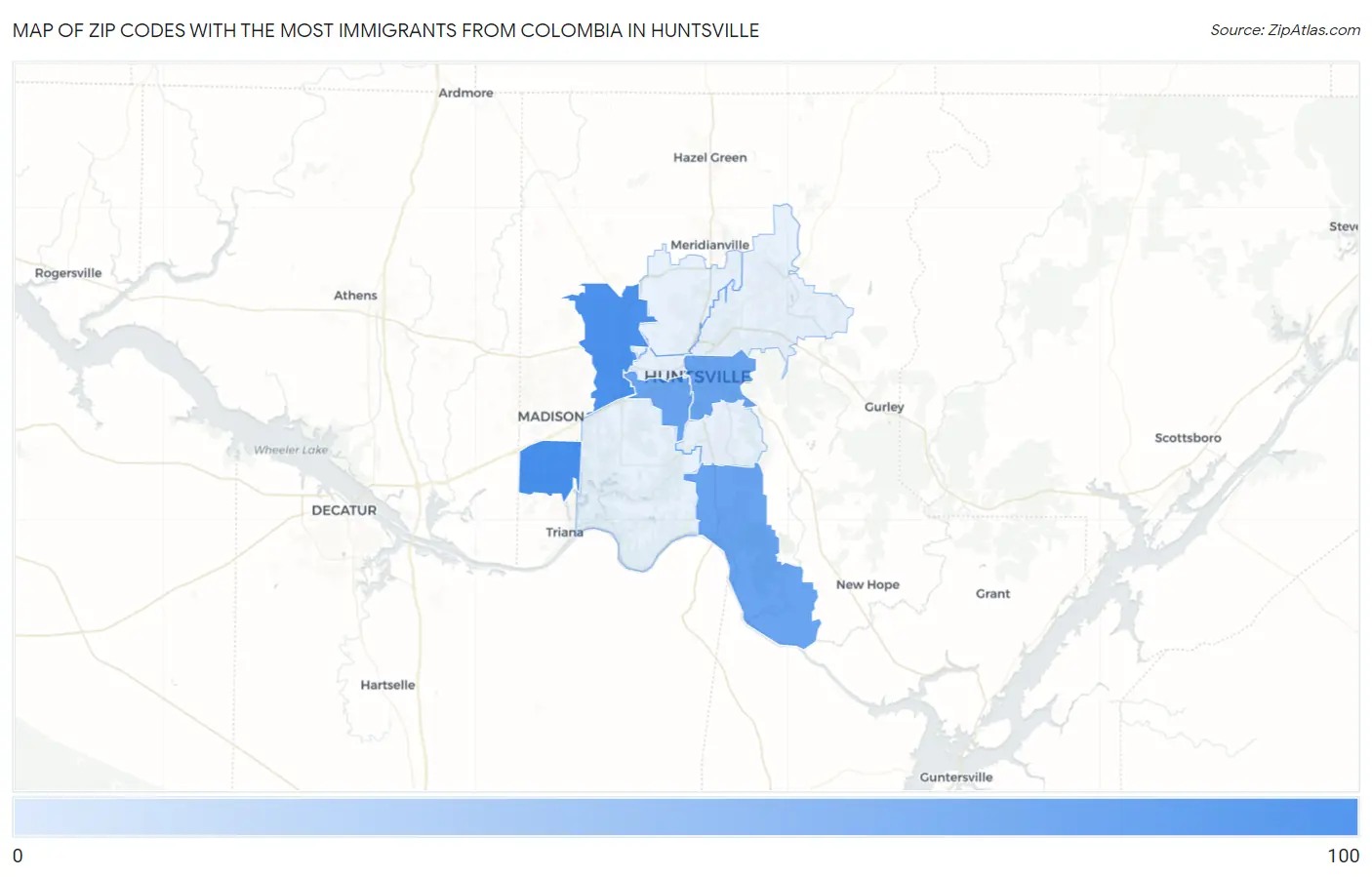 Zip Codes with the Most Immigrants from Colombia in Huntsville Map