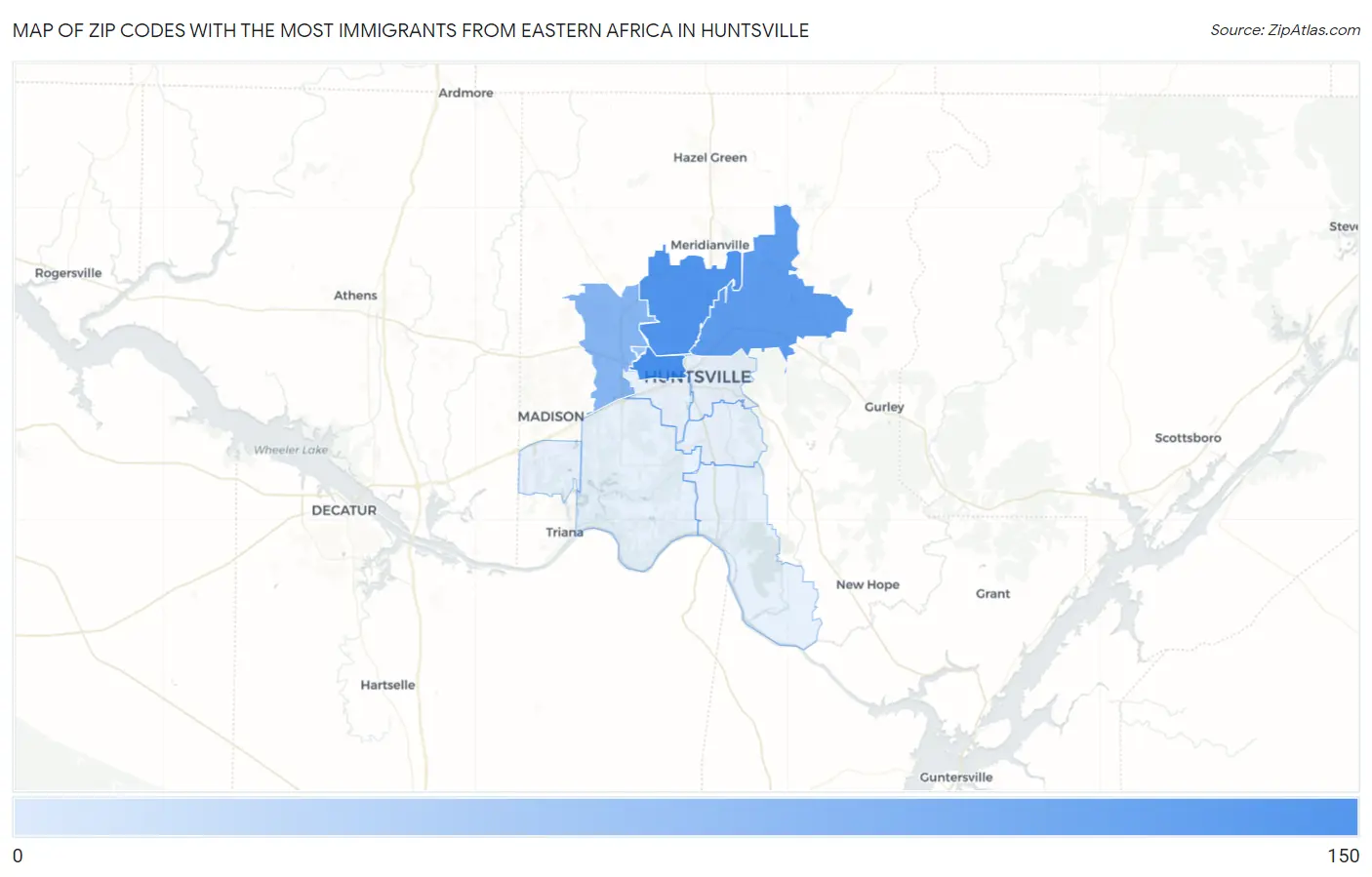 Zip Codes with the Most Immigrants from Eastern Africa in Huntsville Map