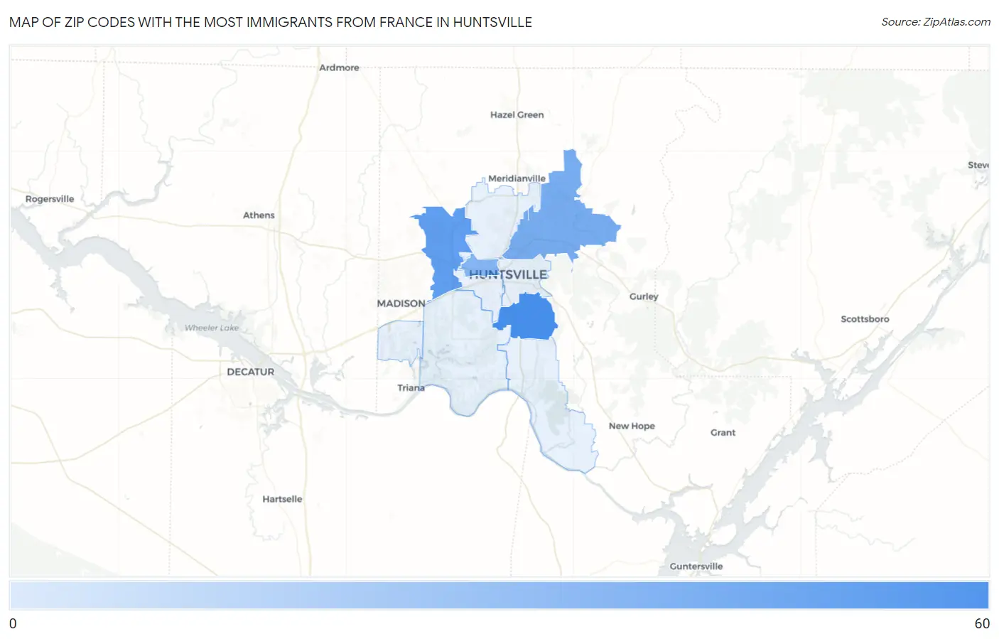 Zip Codes with the Most Immigrants from France in Huntsville Map