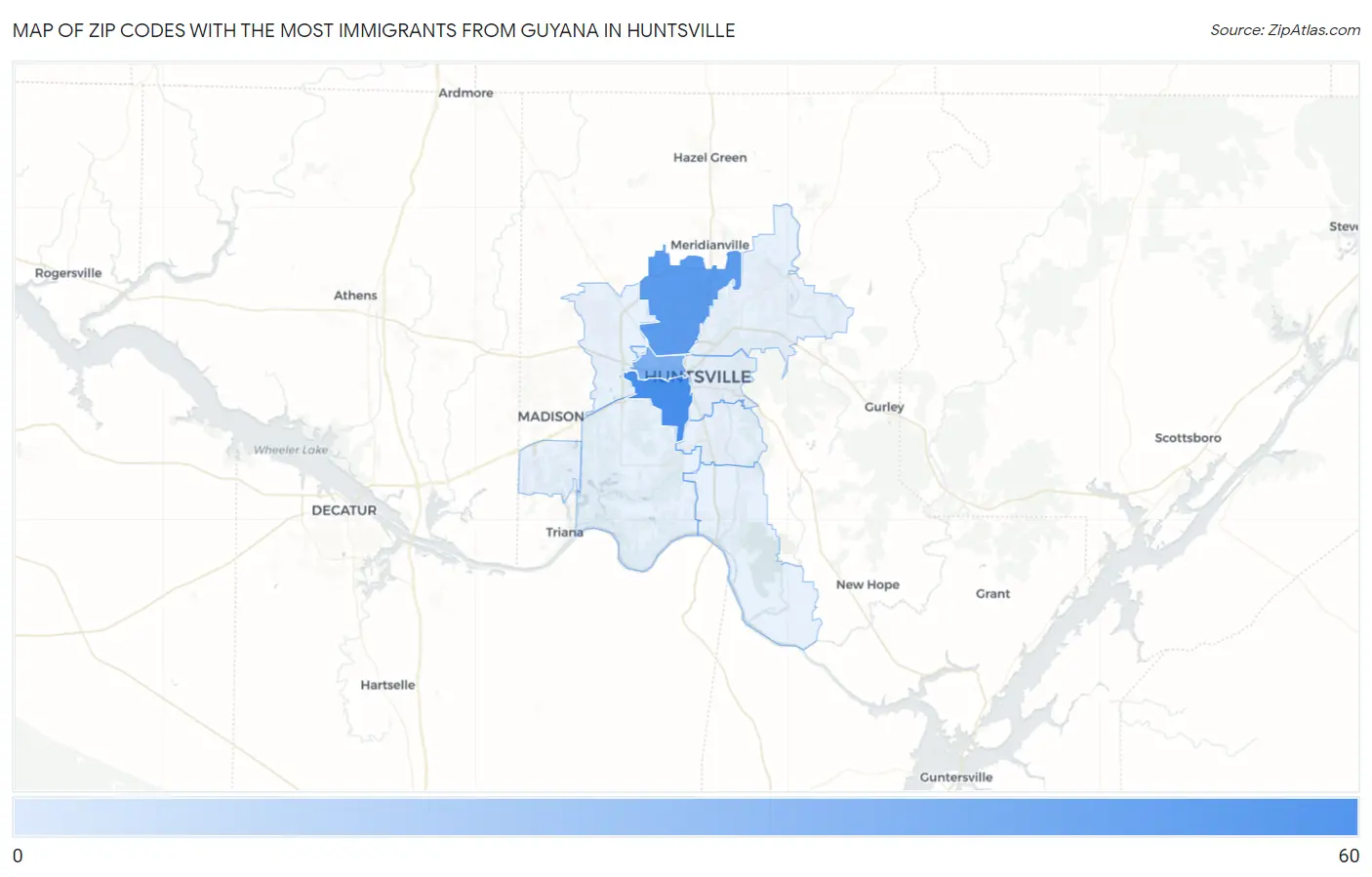 Zip Codes with the Most Immigrants from Guyana in Huntsville Map