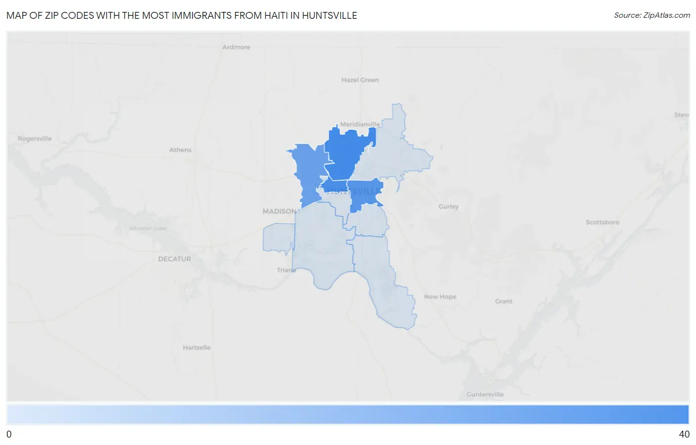 Zip Codes with the Most Immigrants from Haiti in Huntsville Map