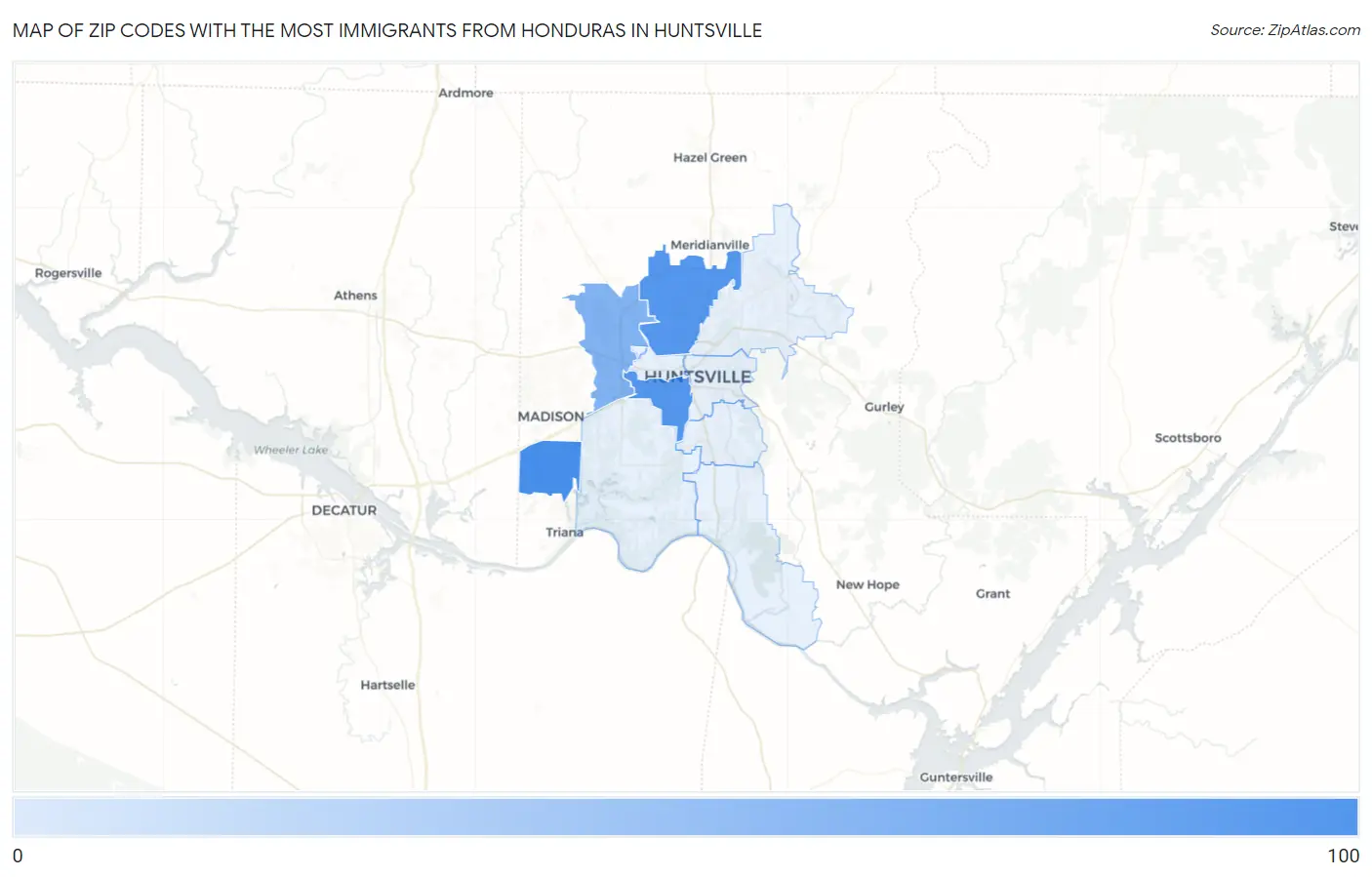 Zip Codes with the Most Immigrants from Honduras in Huntsville Map