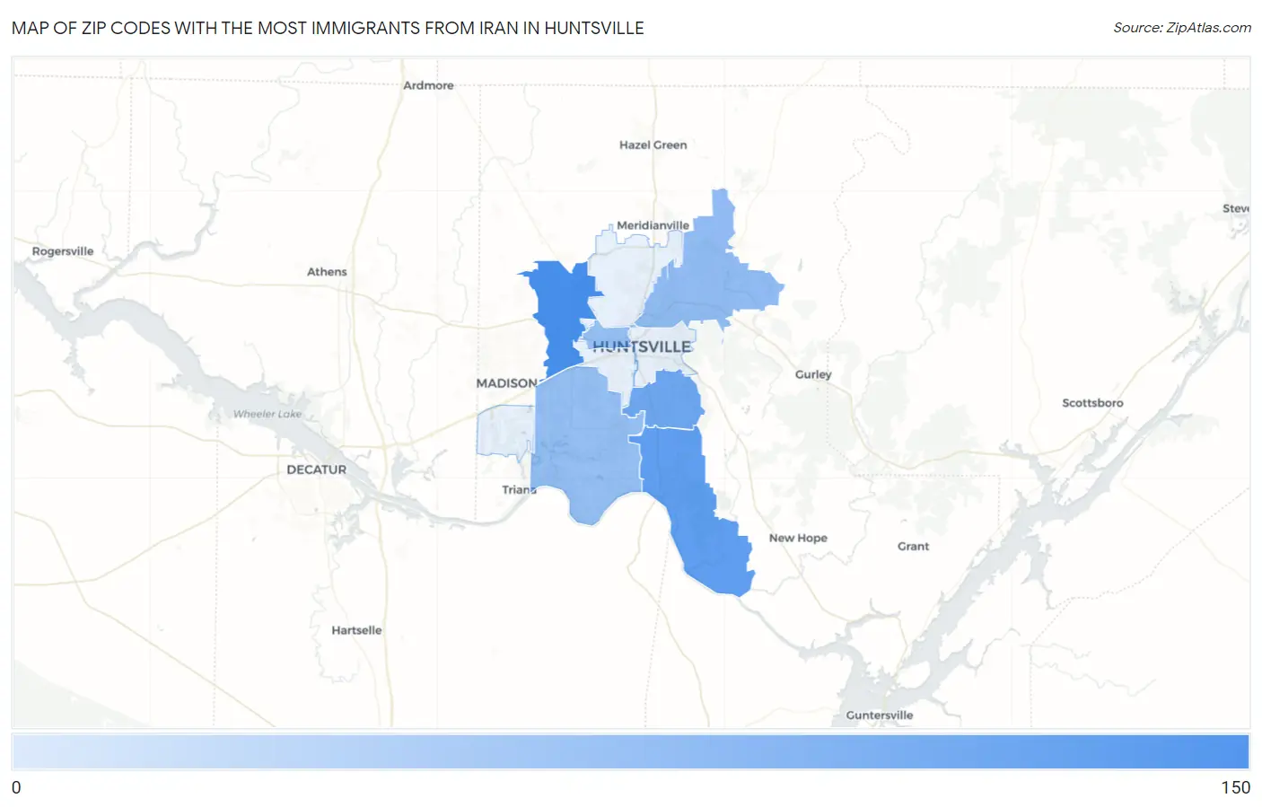 Zip Codes with the Most Immigrants from Iran in Huntsville Map