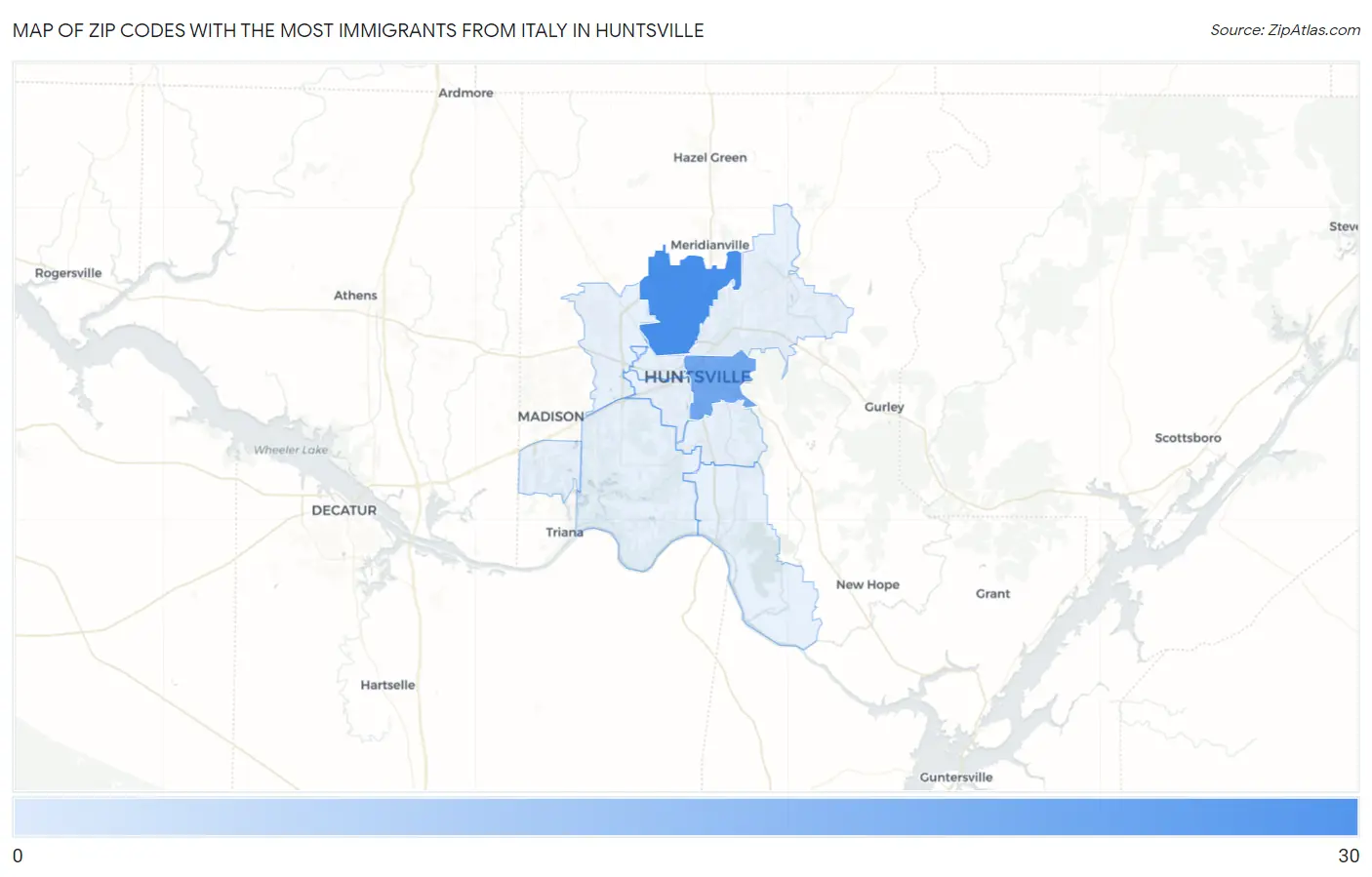 Zip Codes with the Most Immigrants from Italy in Huntsville Map