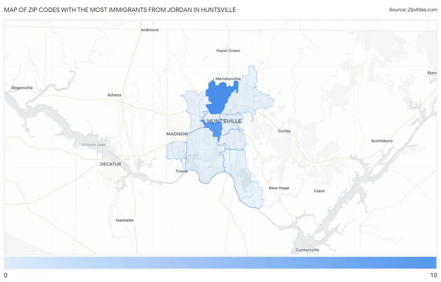 Zip Codes with the Most Immigrants from Jordan in Huntsville Map
