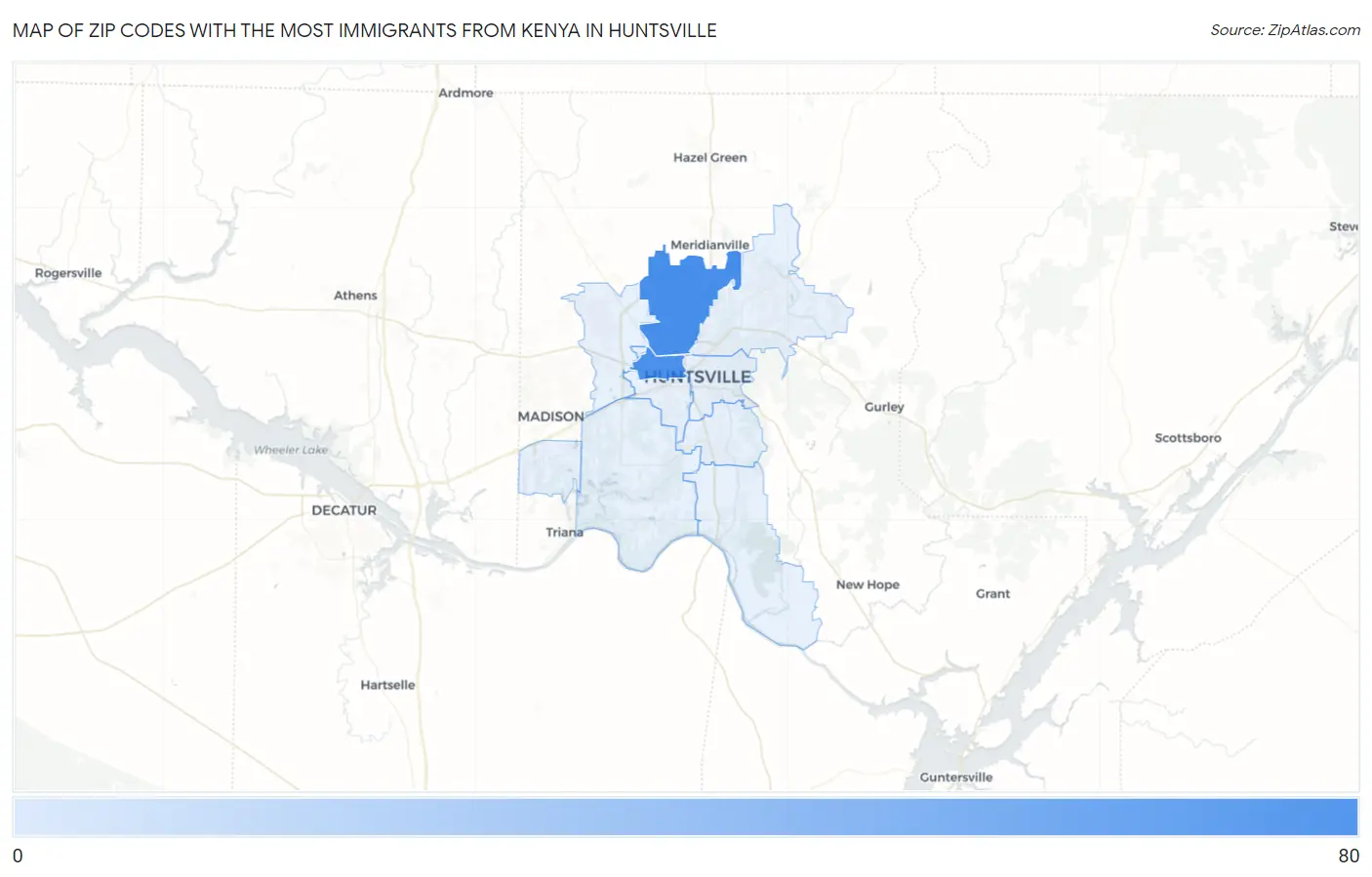 Zip Codes with the Most Immigrants from Kenya in Huntsville Map
