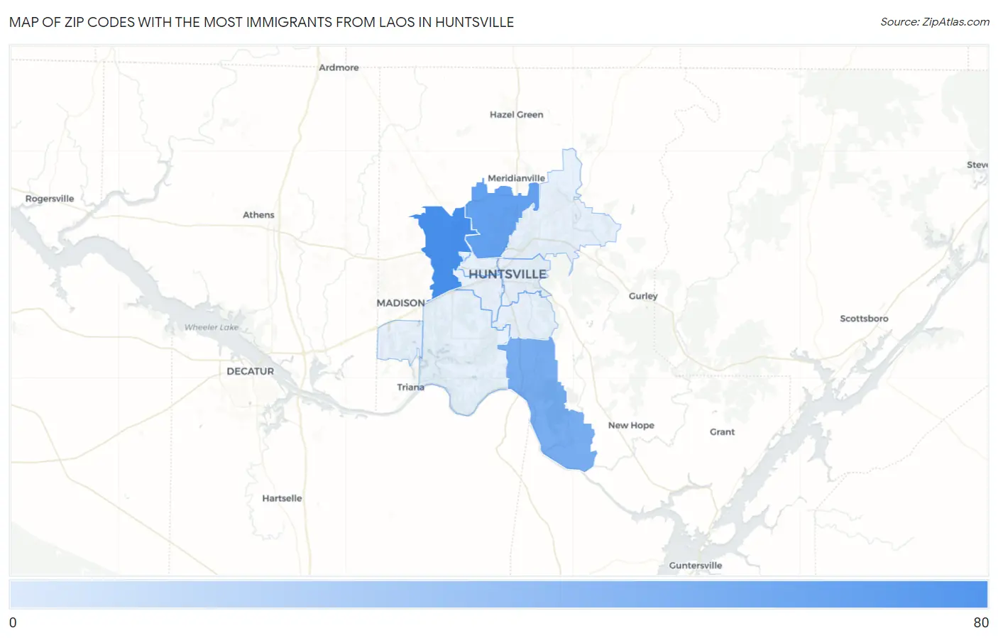 Zip Codes with the Most Immigrants from Laos in Huntsville Map