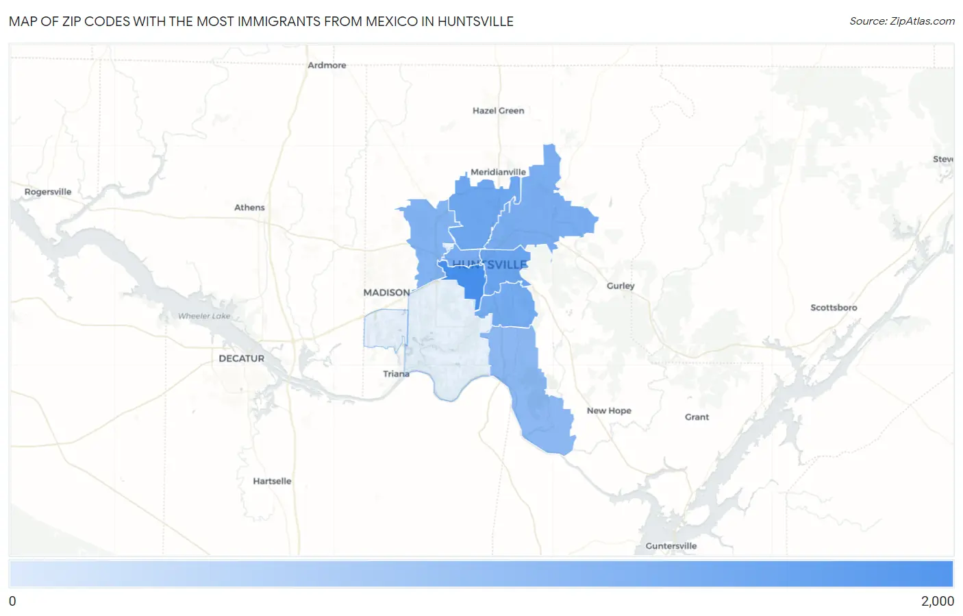 Zip Codes with the Most Immigrants from Mexico in Huntsville Map